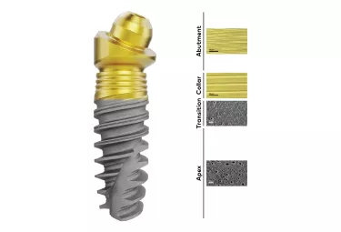 Xeal abutment surface: Smooth surface (Sa ~ 0.2 µm) and non-porous, with enhanced surface chemistry, and a nanostructured oxide layer that results in a golden hue. TiUltra implant collar: Minimally rough (Sa ~ 0.5 μm) and ultra-hydrophilic, with a nanostructured oxide layer. TiUltra implant body/apex: Moderately rough and ultra-hydrophilic, with gradual change in topography (from Sa ~ 0.9 to 1.4 μm), and a low-to-high pore density.