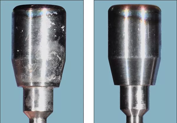  Healing abutment (left) was placed in an Ultrasonic bath for ten minutes, then autoclaved. However, since proper cleaning was not achieved, sterilization was not possible. Compare this to a new healing abutment (right) and the difference is obvious